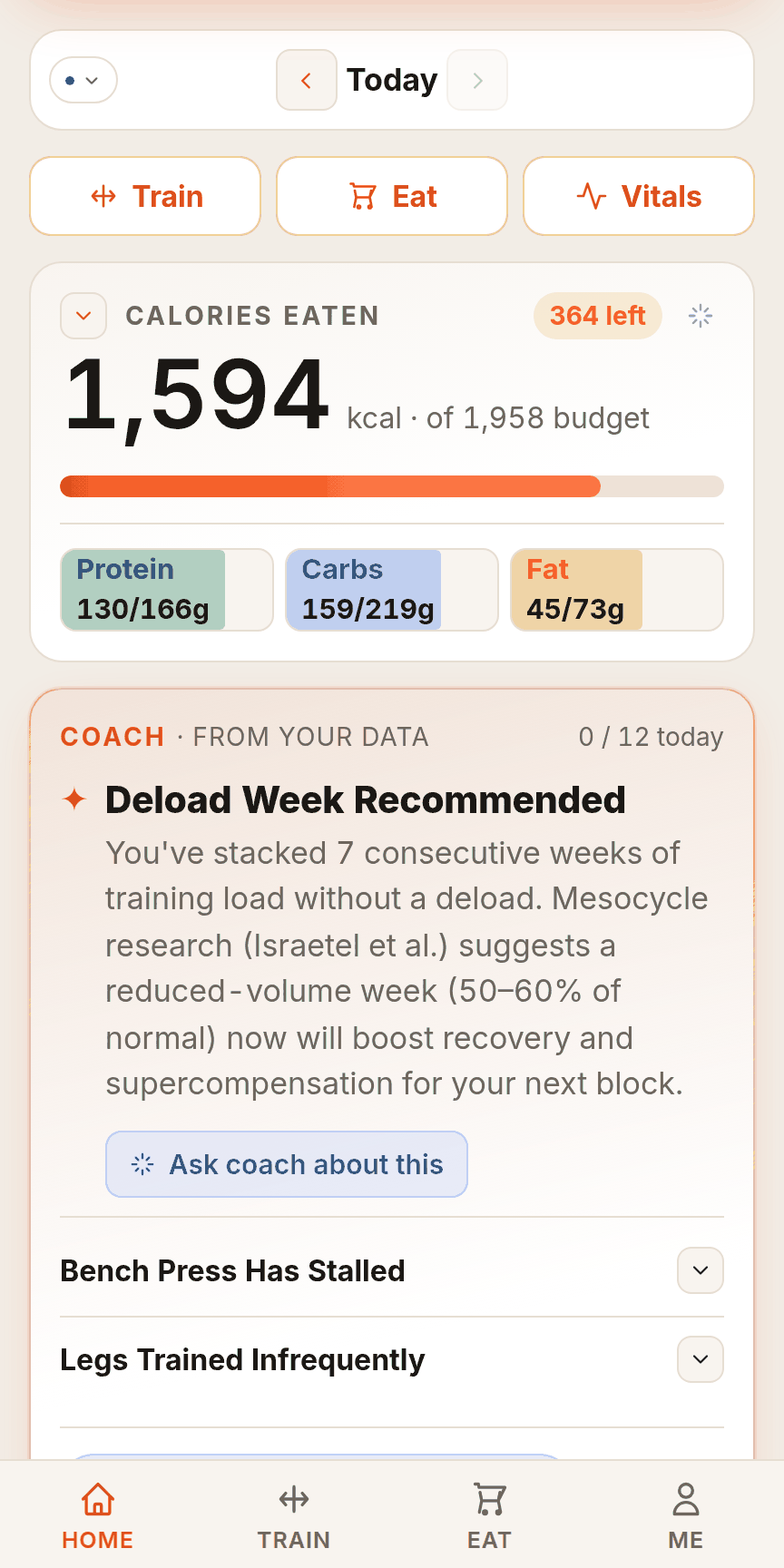 Coachero home screen: the day's calorie budget, macros and a coaching insight