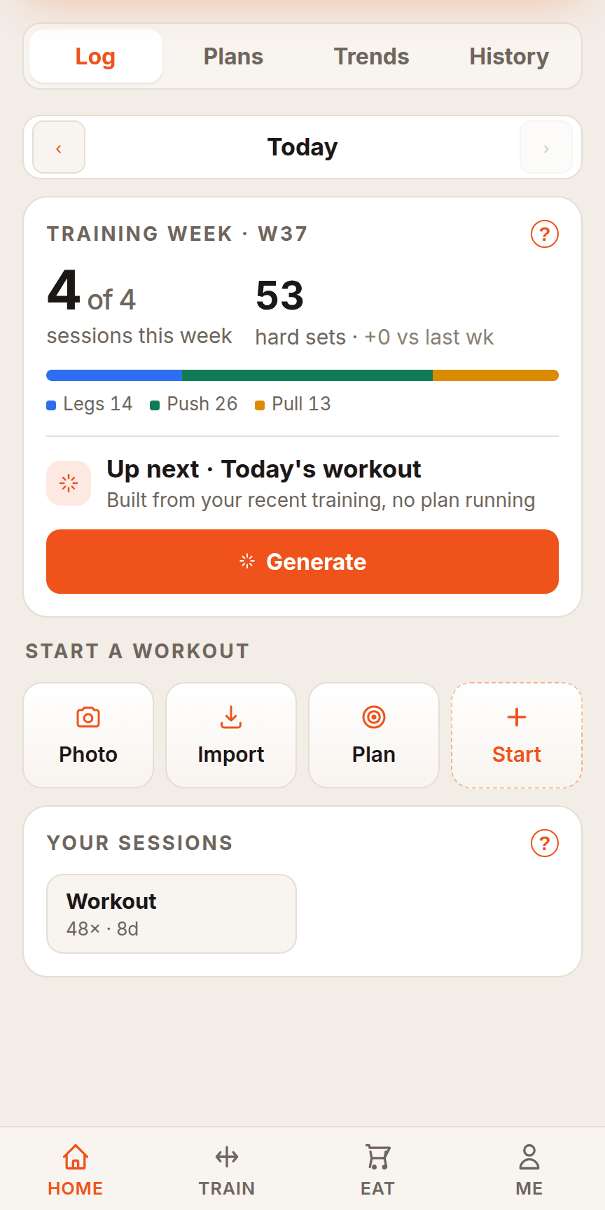 Train: training week, quick start, today's session