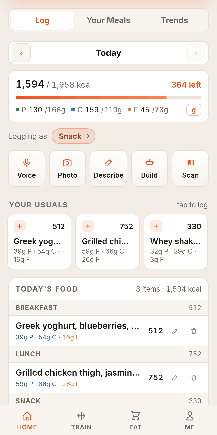 Eat: logging methods, usuals and today's food