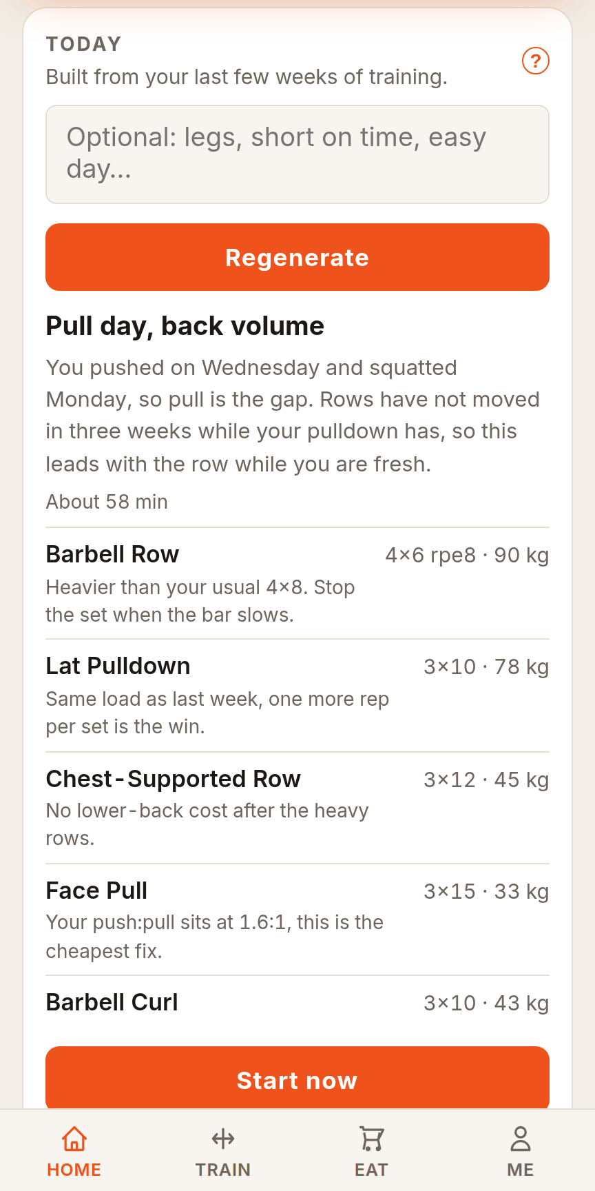 Today's workout generated from recent training, with weights for every set