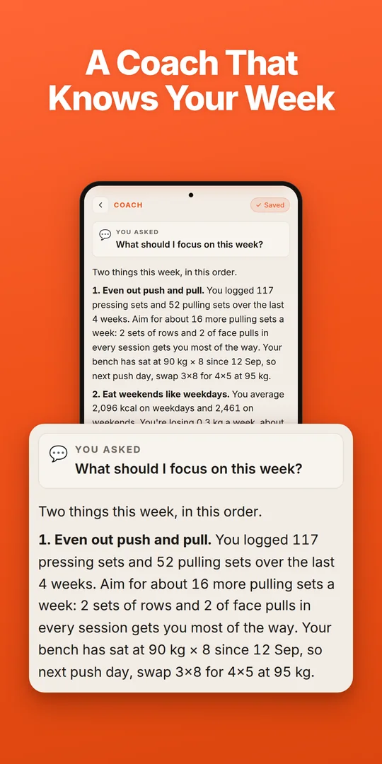 A coach that knows your week: the question asked and the coach's answer, drawn from the logged numbers