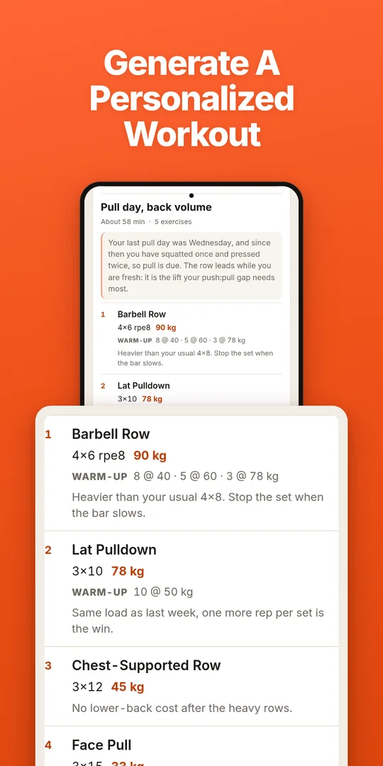 Generate a personalized workout: a session written from recent training, with weights for every set