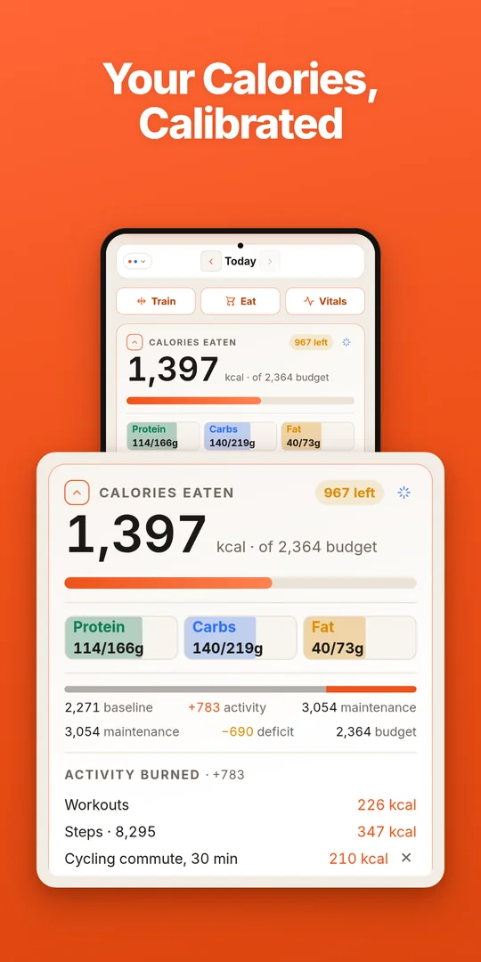 Your calories, calibrated: baseline plus the day's activity, minus the goal deficit, gives the calorie budget